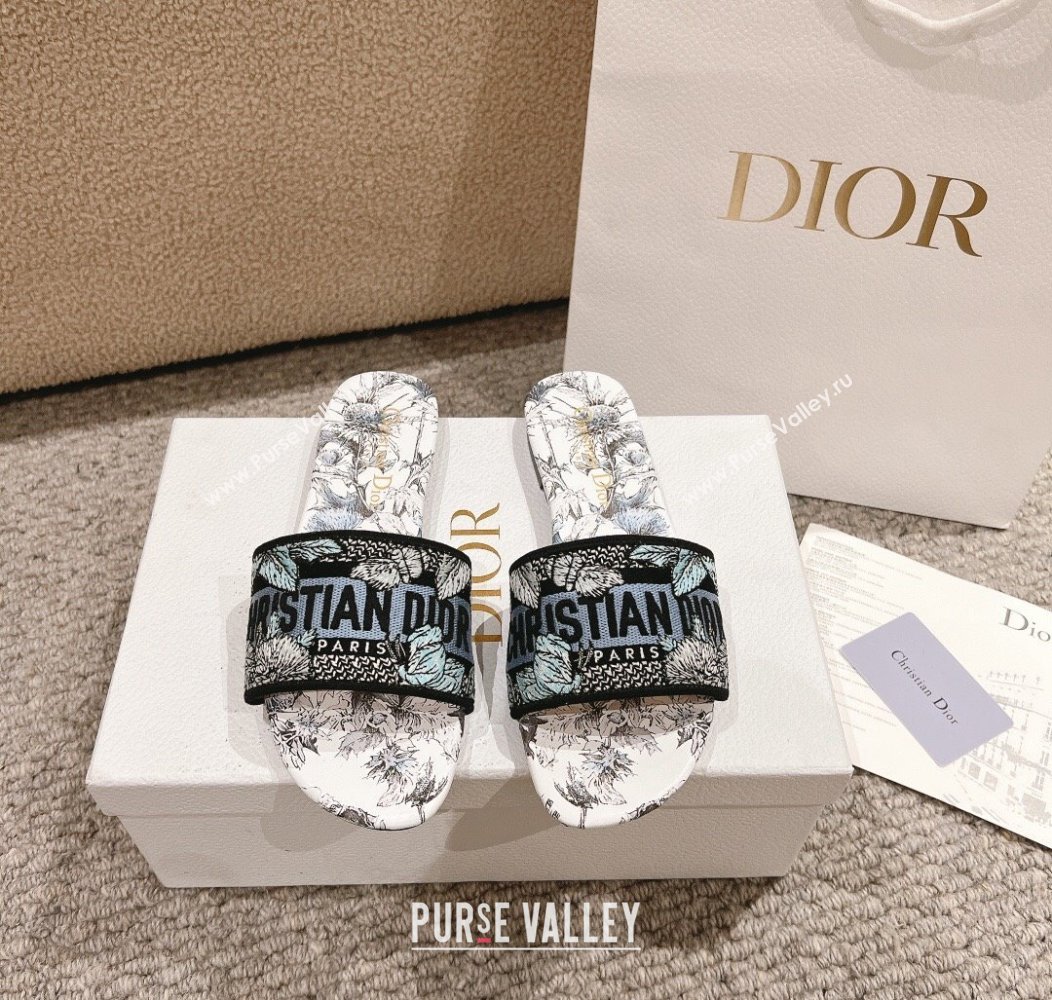 Dior Dway Flat Slides Sandal in White and Blue Embroidered Cotton with Pietro Ruffos Dior Chardons Motif 2024 (MD-241231002)