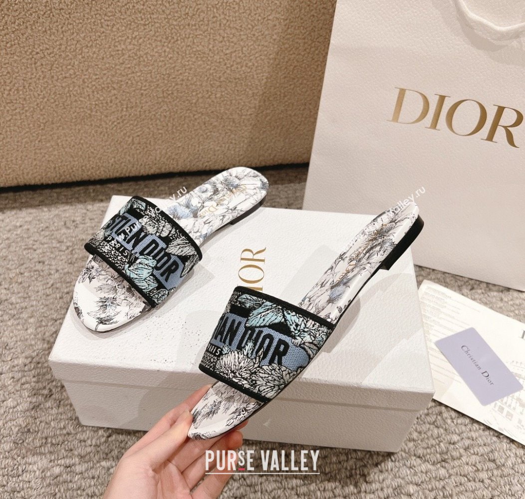 Dior Dway Flat Slides Sandal in White and Blue Embroidered Cotton with Pietro Ruffos Dior Chardons Motif 2024 (MD-241231002)