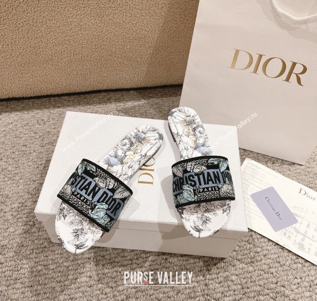 Dior Dway Flat Slides Sandal in White and Blue Embroidered Cotton with Pietro Ruffos Dior Chardons Motif 2024 (MD-241231002)