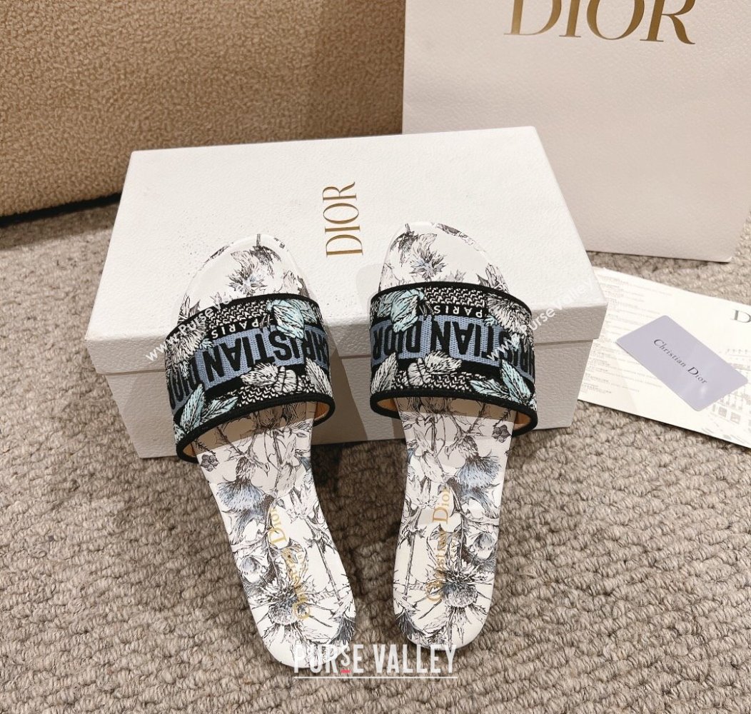 Dior Dway Flat Slides Sandal in White and Blue Embroidered Cotton with Pietro Ruffos Dior Chardons Motif 2024 (MD-241231002)