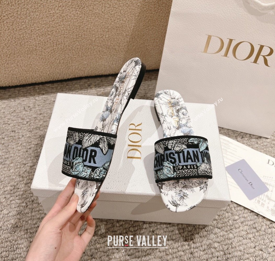 Dior Dway Flat Slides Sandal in White and Blue Embroidered Cotton with Pietro Ruffos Dior Chardons Motif 2024 (MD-241231002)