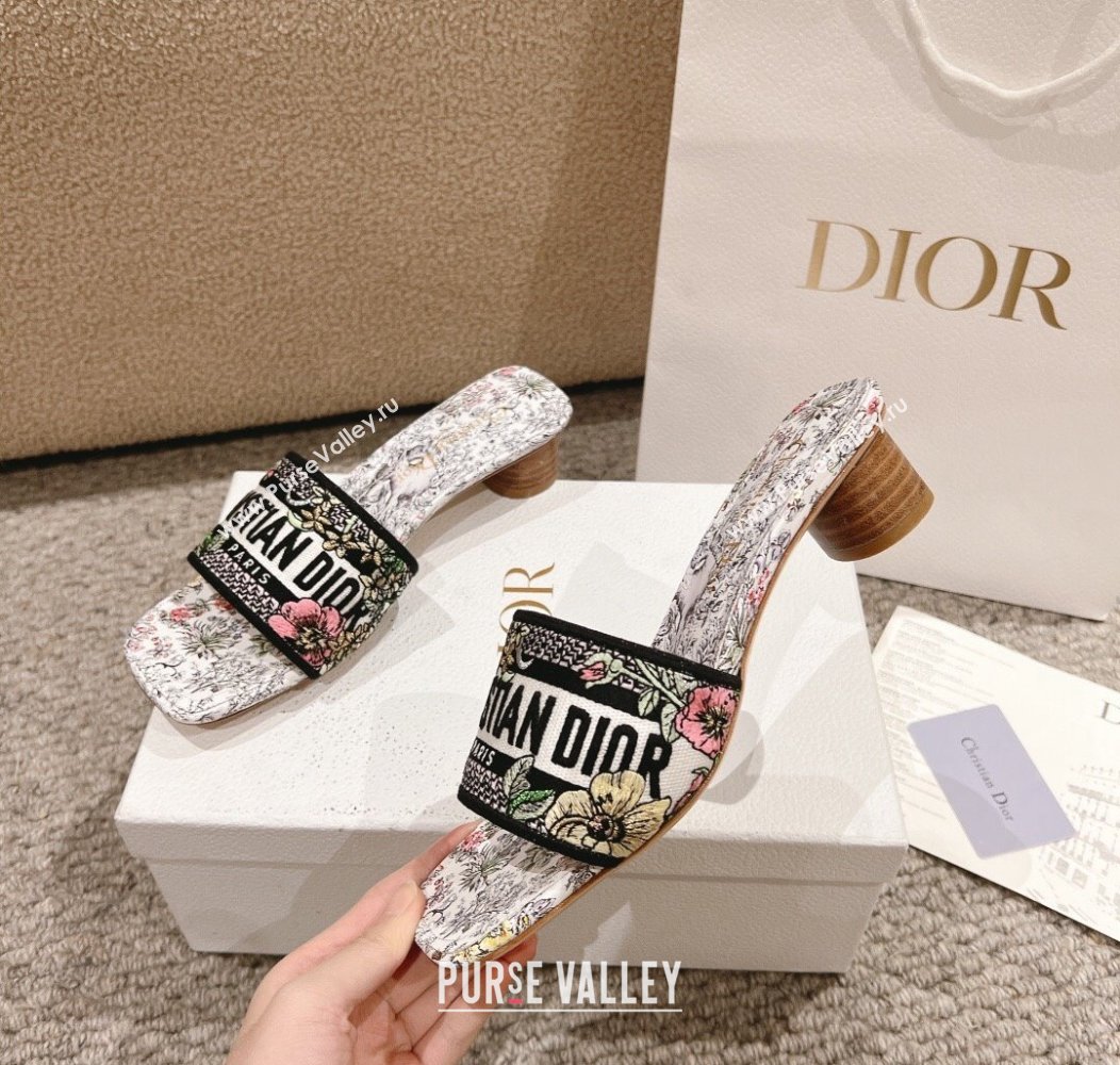 Dior Dway Heel Slides Sandal 3.5cm in Embroidered Cotton and White Multicolor Millefiori Unicorn Motif 2024 (MD-241231005)