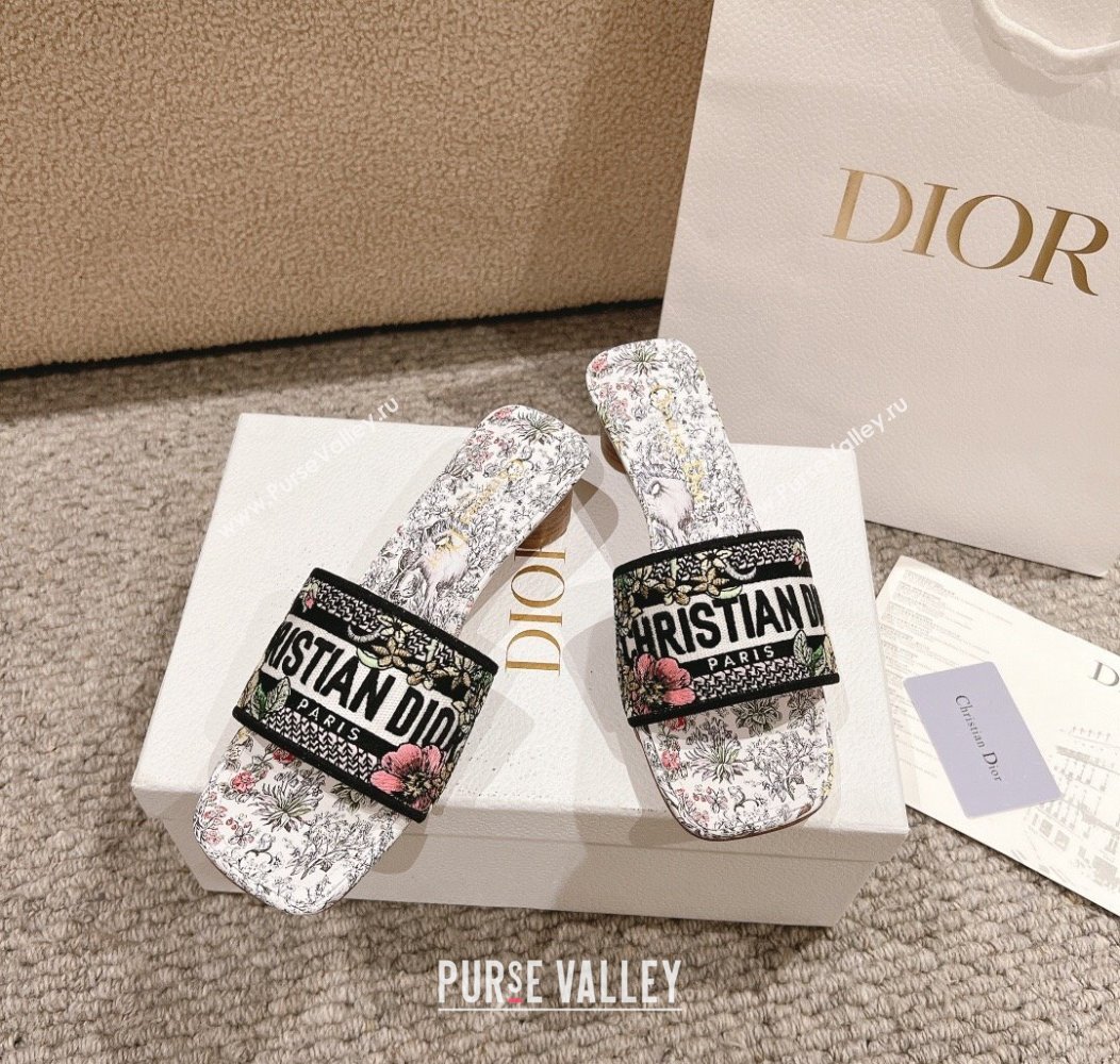 Dior Dway Heel Slides Sandal 3.5cm in Embroidered Cotton and White Multicolor Millefiori Unicorn Motif 2024 (MD-241231005)