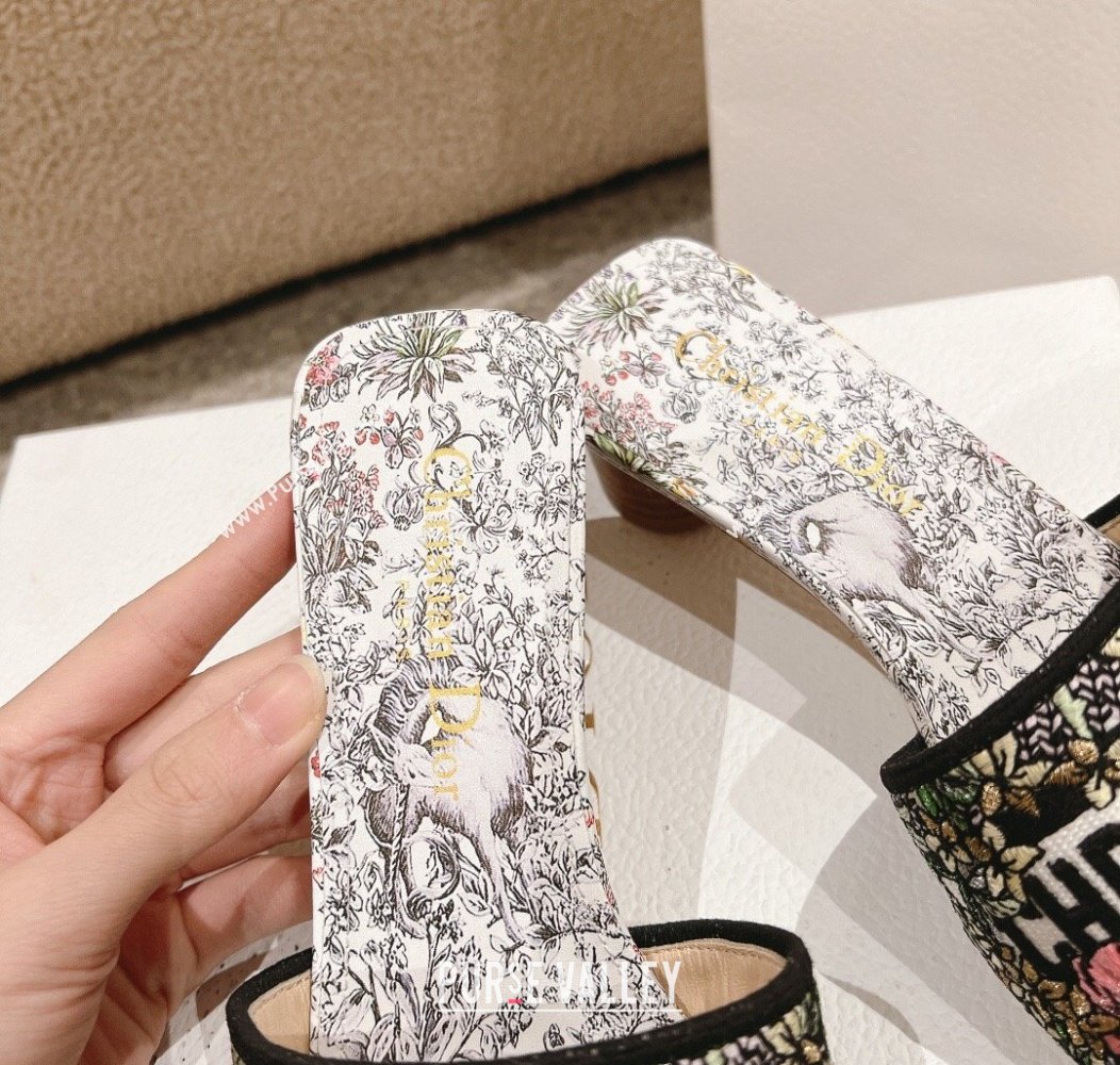 Dior Dway Heel Slides Sandal 3.5cm in Embroidered Cotton and White Multicolor Millefiori Unicorn Motif 2024 (MD-241231005)