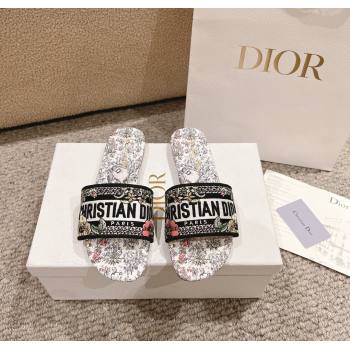 Dior Dway Flat Slides Sandal in Embroidered Cotton and White Multicolor Millefiori Unicorn Motif 2024 (MD-241231006)
