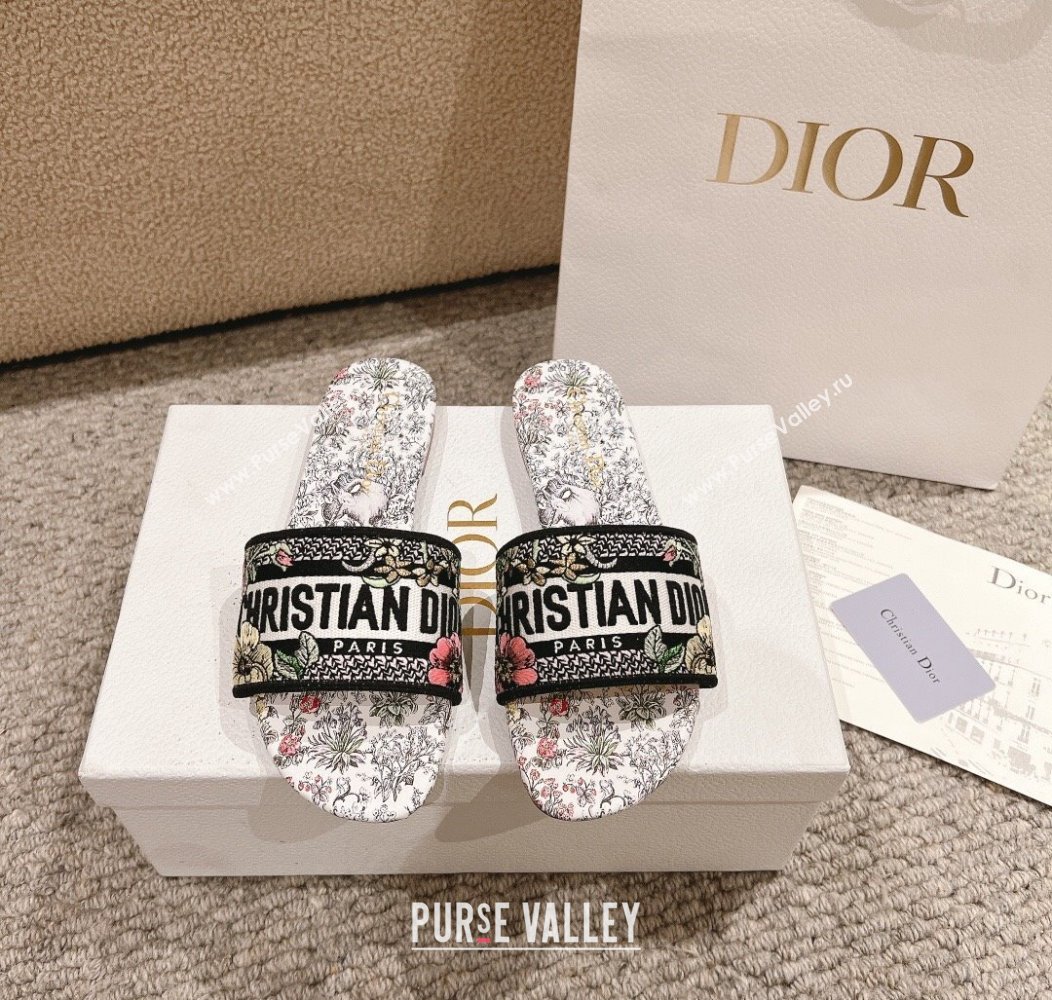 Dior Dway Flat Slides Sandal in Embroidered Cotton and White Multicolor Millefiori Unicorn Motif 2024 (MD-241231006)