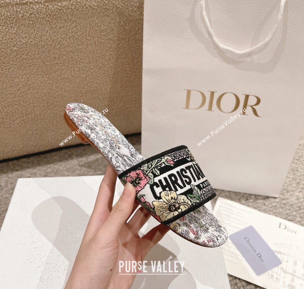 Dior Dway Flat Slides Sandal in Embroidered Cotton and White Multicolor Millefiori Unicorn Motif 2024 (MD-241231006)