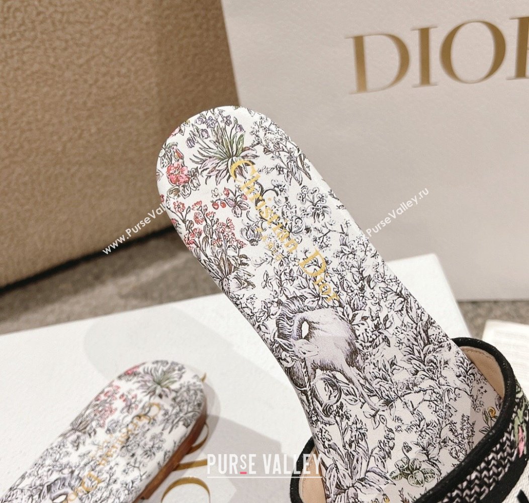 Dior Dway Flat Slides Sandal in Embroidered Cotton and White Multicolor Millefiori Unicorn Motif 2024 (MD-241231006)