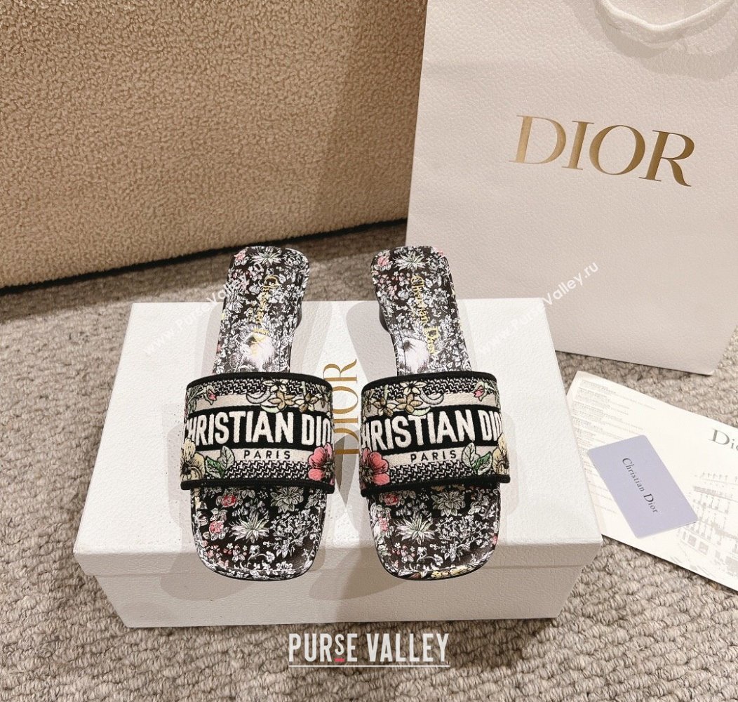 Dior Dway Heel Slides Sandal 3.5cm in Embroidered Cotton and Black Multicolor Millefiori Unicorn Motif 2024 (MD-241231007)