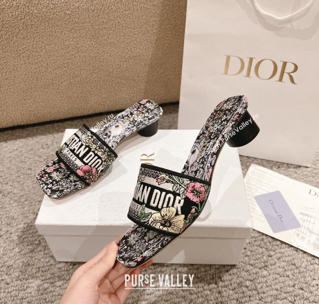 Dior Dway Heel Slides Sandal 3.5cm in Embroidered Cotton and Black Multicolor Millefiori Unicorn Motif 2024 (MD-241231007)