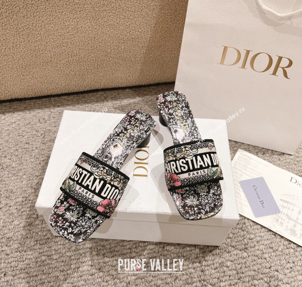 Dior Dway Heel Slides Sandal 3.5cm in Embroidered Cotton and Black Multicolor Millefiori Unicorn Motif 2024 (MD-241231007)