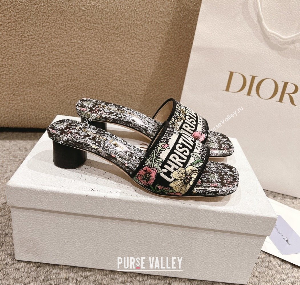 Dior Dway Heel Slides Sandal 3.5cm in Embroidered Cotton and Black Multicolor Millefiori Unicorn Motif 2024 (MD-241231007)