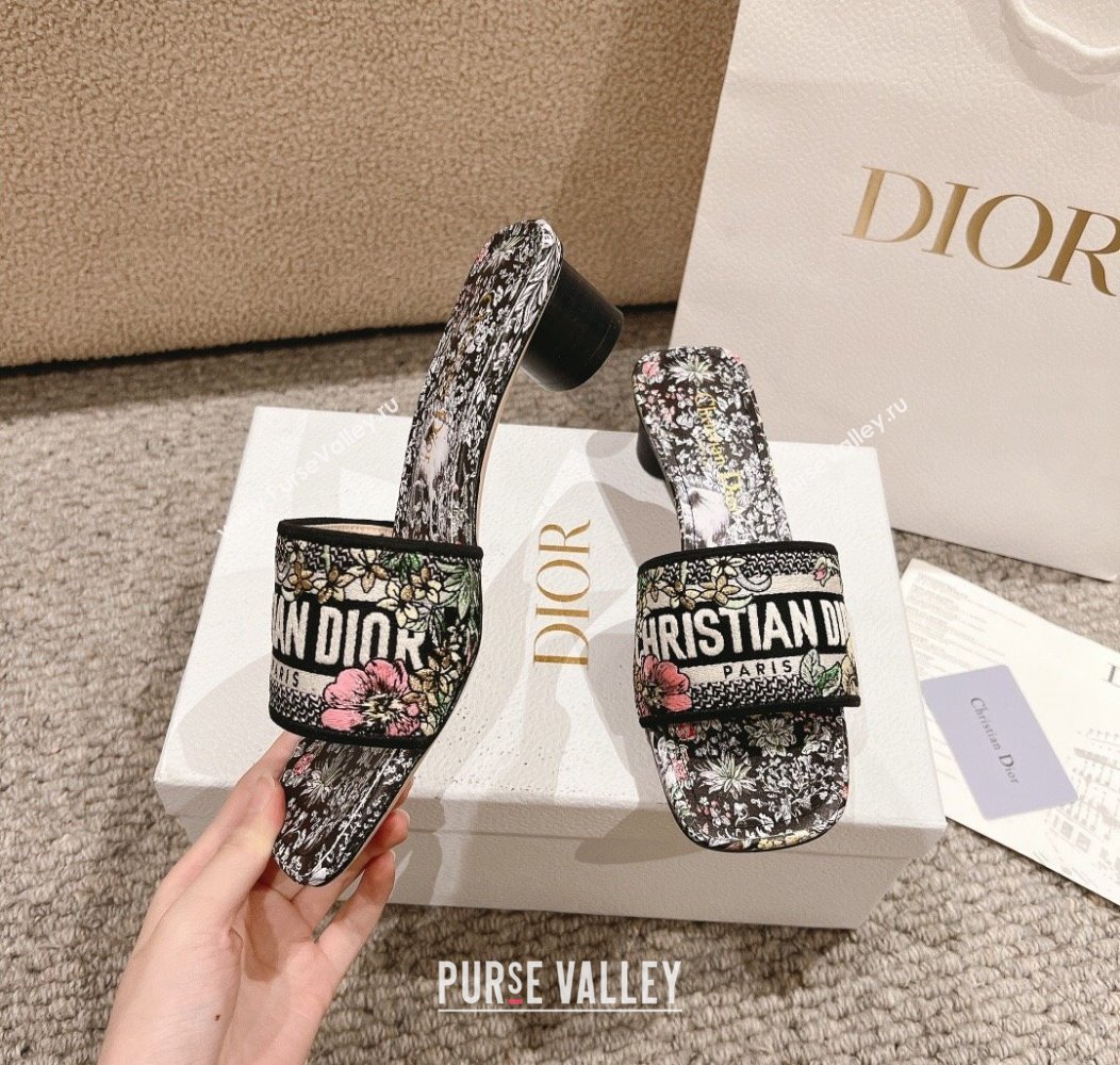 Dior Dway Heel Slides Sandal 3.5cm in Embroidered Cotton and Black Multicolor Millefiori Unicorn Motif 2024 (MD-241231007)