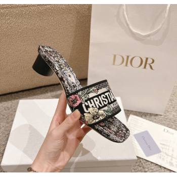 Dior Dway Heel Slides Sandal 3.5cm in Embroidered Cotton and Black Multicolor Millefiori Unicorn Motif 2024 (MD-241231007)