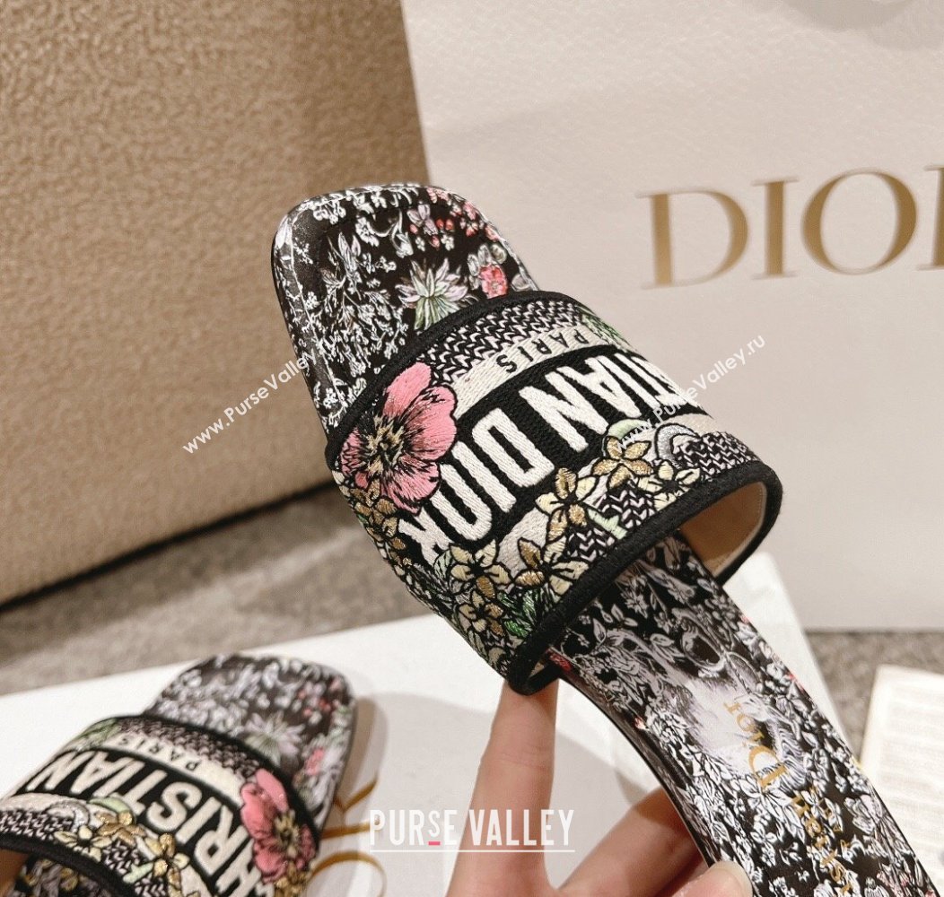 Dior Dway Heel Slides Sandal 3.5cm in Embroidered Cotton and Black Multicolor Millefiori Unicorn Motif 2024 (MD-241231007)