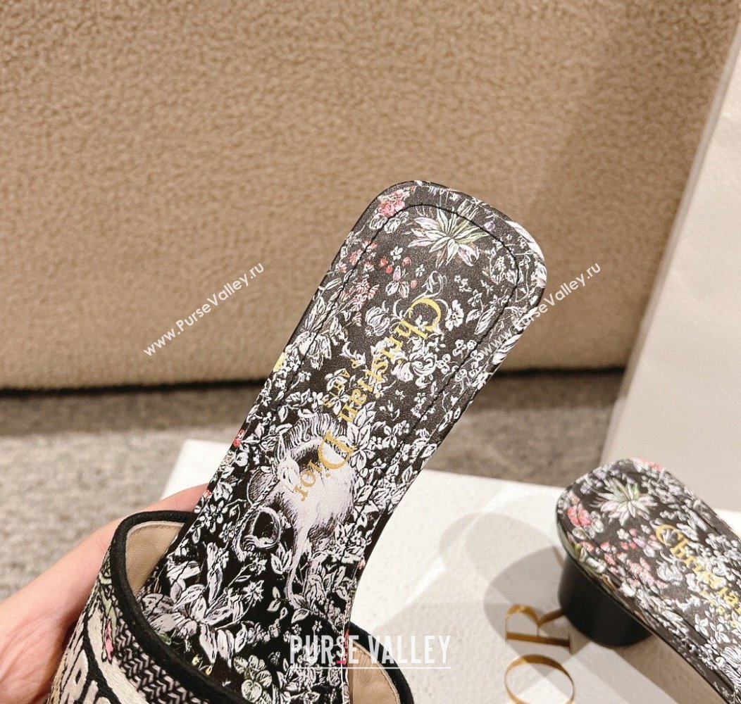 Dior Dway Heel Slides Sandal 3.5cm in Embroidered Cotton and Black Multicolor Millefiori Unicorn Motif 2024 (MD-241231007)