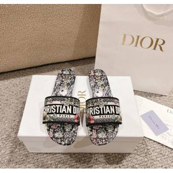 Dior Dway Flat Slides Sandal in Embroidered Cotton and Black Multicolor Millefiori Unicorn Motif 2024 (MD-241231008)