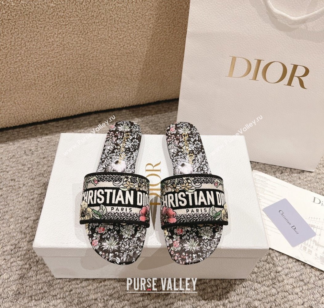 Dior Dway Flat Slides Sandal in Embroidered Cotton and Black Multicolor Millefiori Unicorn Motif 2024 (MD-241231008)