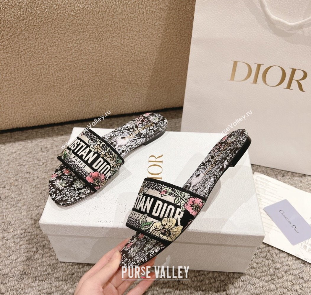 Dior Dway Flat Slides Sandal in Embroidered Cotton and Black Multicolor Millefiori Unicorn Motif 2024 (MD-241231008)