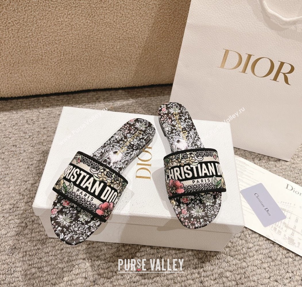 Dior Dway Flat Slides Sandal in Embroidered Cotton and Black Multicolor Millefiori Unicorn Motif 2024 (MD-241231008)