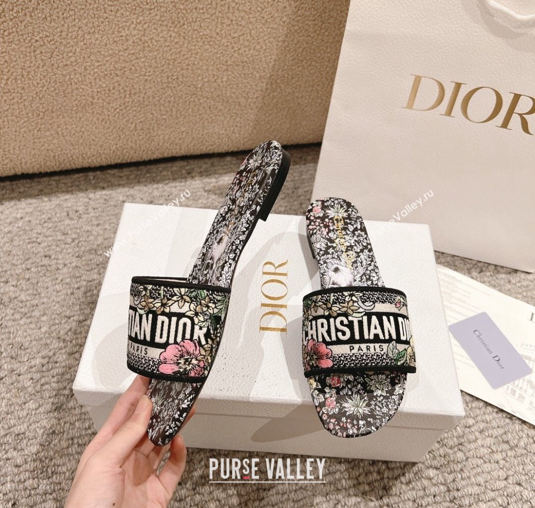 Dior Dway Flat Slides Sandal in Embroidered Cotton and Black Multicolor Millefiori Unicorn Motif 2024 (MD-241231008)