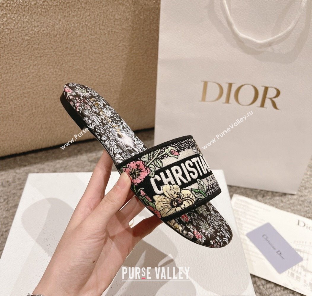 Dior Dway Flat Slides Sandal in Embroidered Cotton and Black Multicolor Millefiori Unicorn Motif 2024 (MD-241231008)