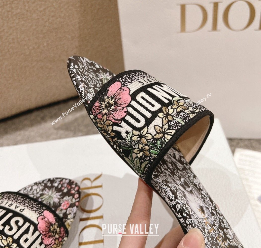 Dior Dway Flat Slides Sandal in Embroidered Cotton and Black Multicolor Millefiori Unicorn Motif 2024 (MD-241231008)