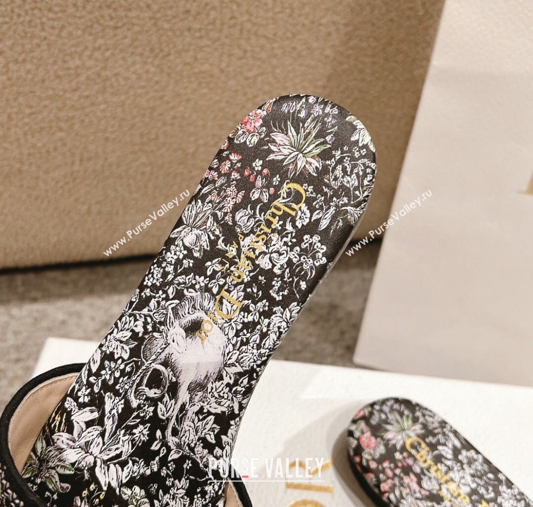 Dior Dway Flat Slides Sandal in Embroidered Cotton and Black Multicolor Millefiori Unicorn Motif 2024 (MD-241231008)