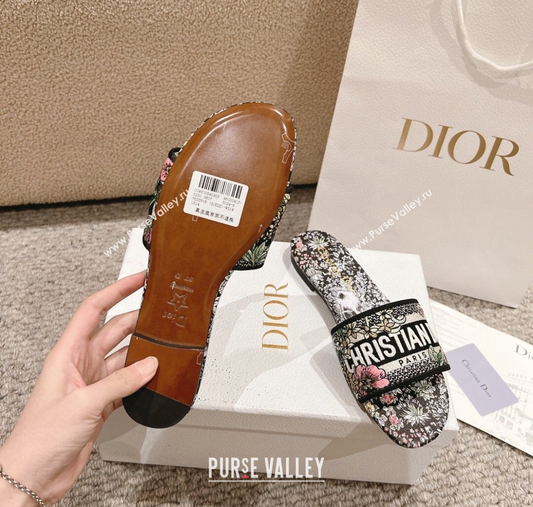 Dior Dway Flat Slides Sandal in Embroidered Cotton and Black Multicolor Millefiori Unicorn Motif 2024 (MD-241231008)