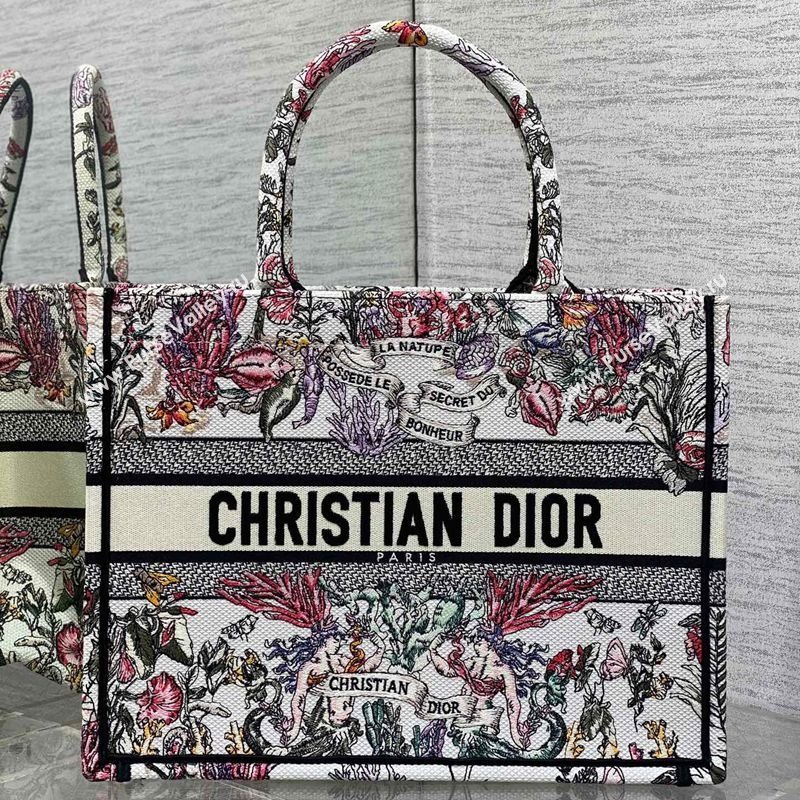 Dior Medium Book Tote Bag in Latte White Embroidery with Multicolor Cabinet de la Mer Motif 2025 (XXG-250208001)