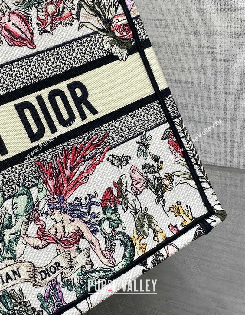 Dior Medium Book Tote Bag in Latte White Embroidery with Multicolor Cabinet de la Mer Motif 2025 (XXG-250208001)