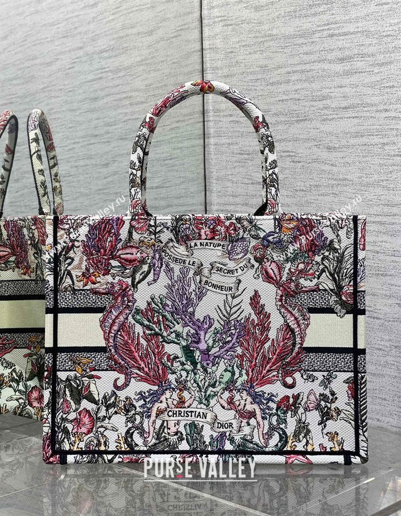 Dior Medium Book Tote Bag in Latte White Embroidery with Multicolor Cabinet de la Mer Motif 2025 (XXG-250208001)