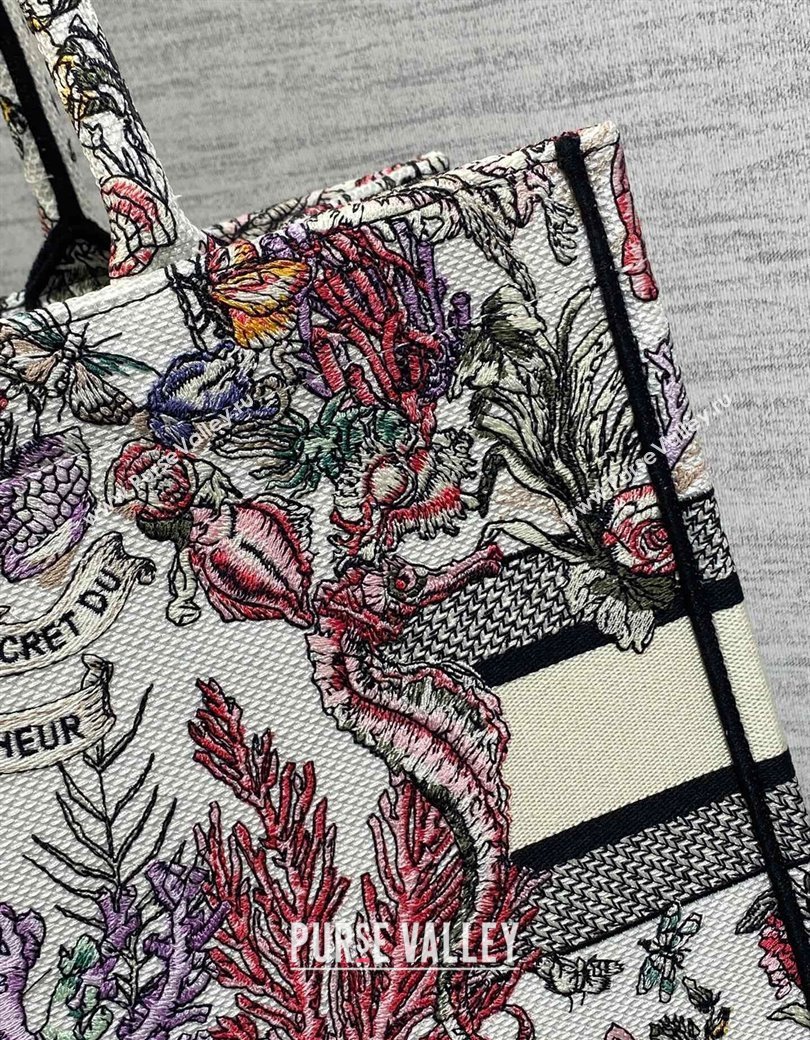 Dior Medium Book Tote Bag in Latte White Embroidery with Multicolor Cabinet de la Mer Motif 2025 (XXG-250208001)