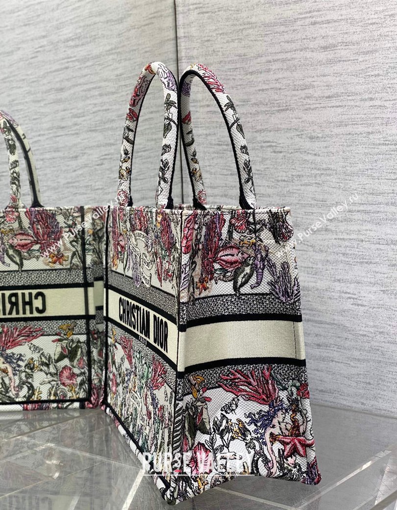 Dior Medium Book Tote Bag in Latte White Embroidery with Multicolor Cabinet de la Mer Motif 2025 (XXG-250208001)