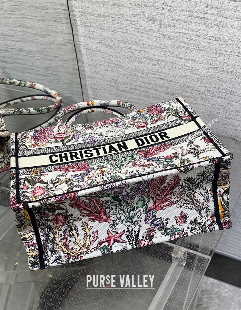 Dior Medium Book Tote Bag in Latte White Embroidery with Multicolor Cabinet de la Mer Motif 2025 (XXG-250208001)