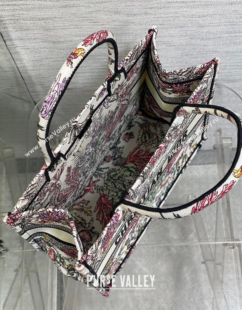Dior Medium Book Tote Bag in Latte White Embroidery with Multicolor Cabinet de la Mer Motif 2025 (XXG-250208001)