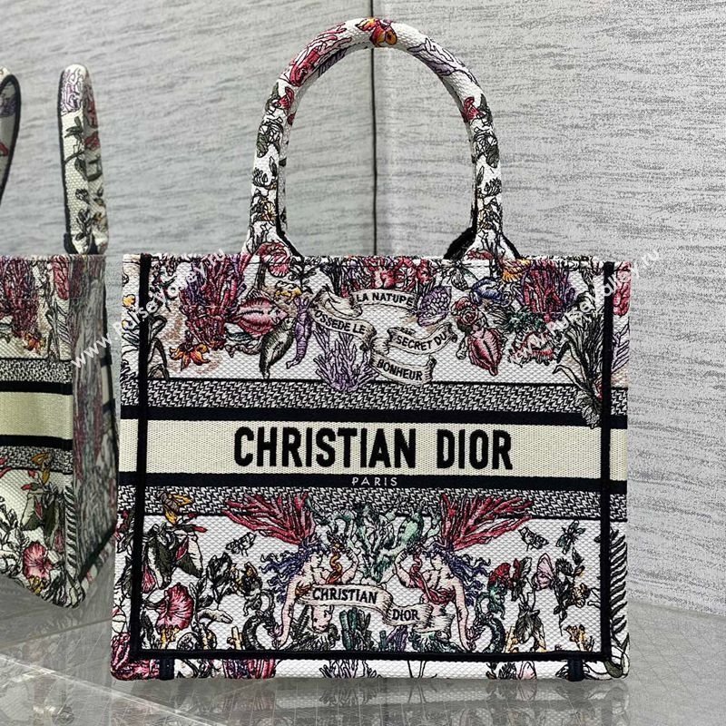 Dior Small Book Tote Bag in Latte White Embroidery with Multicolor Cabinet de la Mer Motif 2025 (XXG-250208002)