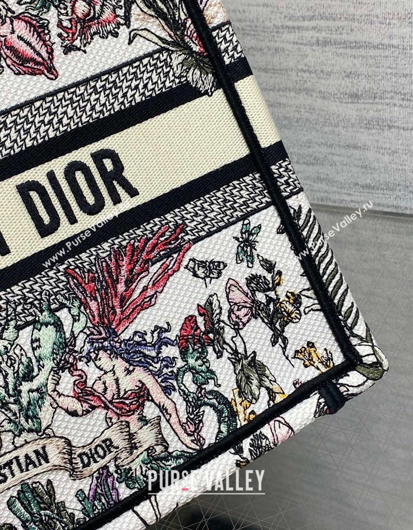 Dior Small Book Tote Bag in Latte White Embroidery with Multicolor Cabinet de la Mer Motif 2025 (XXG-250208002)