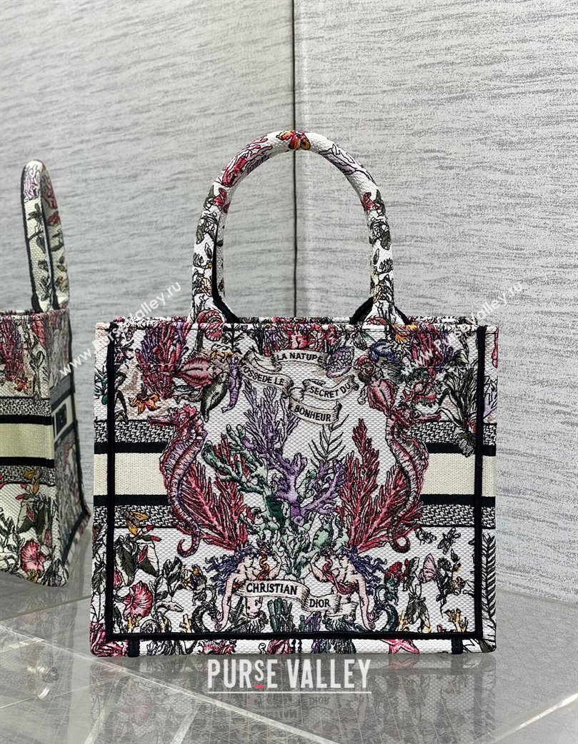 Dior Small Book Tote Bag in Latte White Embroidery with Multicolor Cabinet de la Mer Motif 2025 (XXG-250208002)