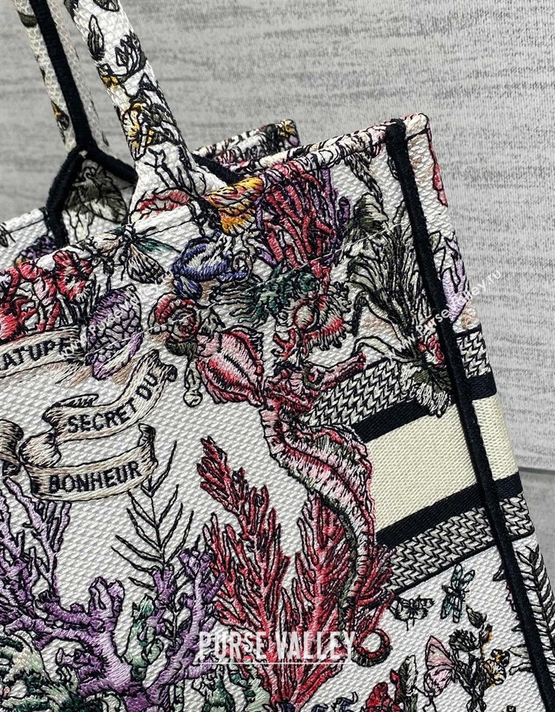 Dior Small Book Tote Bag in Latte White Embroidery with Multicolor Cabinet de la Mer Motif 2025 (XXG-250208002)