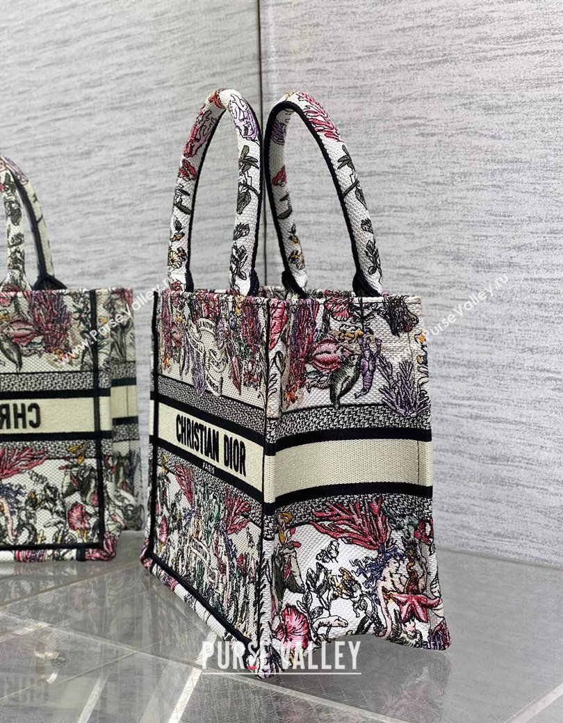 Dior Small Book Tote Bag in Latte White Embroidery with Multicolor Cabinet de la Mer Motif 2025 (XXG-250208002)