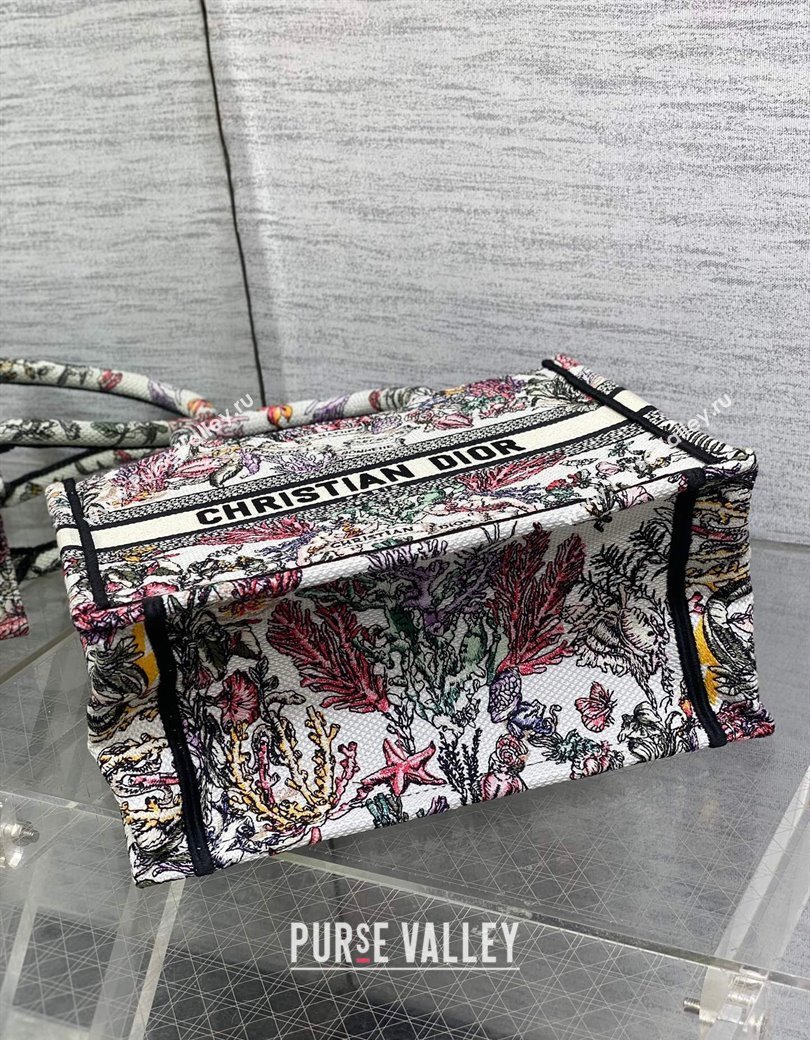 Dior Small Book Tote Bag in Latte White Embroidery with Multicolor Cabinet de la Mer Motif 2025 (XXG-250208002)