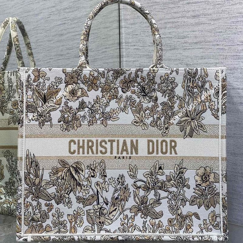 Dior Large Book Tote Bag in Latte White Embroidery with Gold-Tone Millefiori Unicorn Motif 2025 (XXG-250208003)