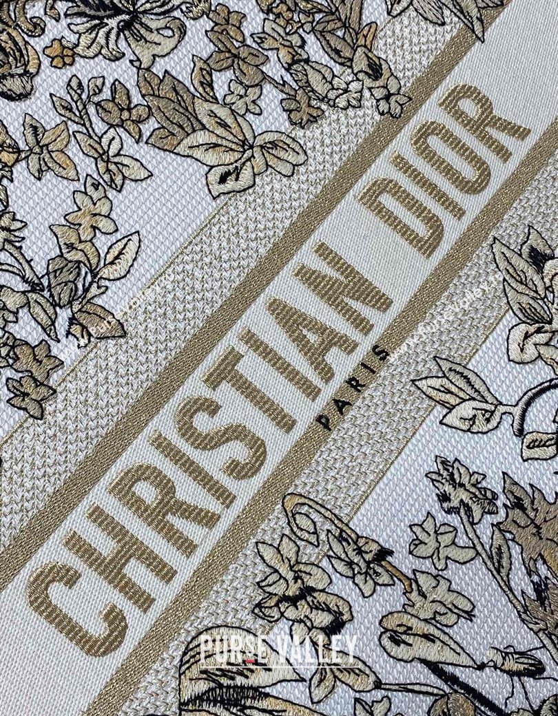 Dior Large Book Tote Bag in Latte White Embroidery with Gold-Tone Millefiori Unicorn Motif 2025 (XXG-250208003)