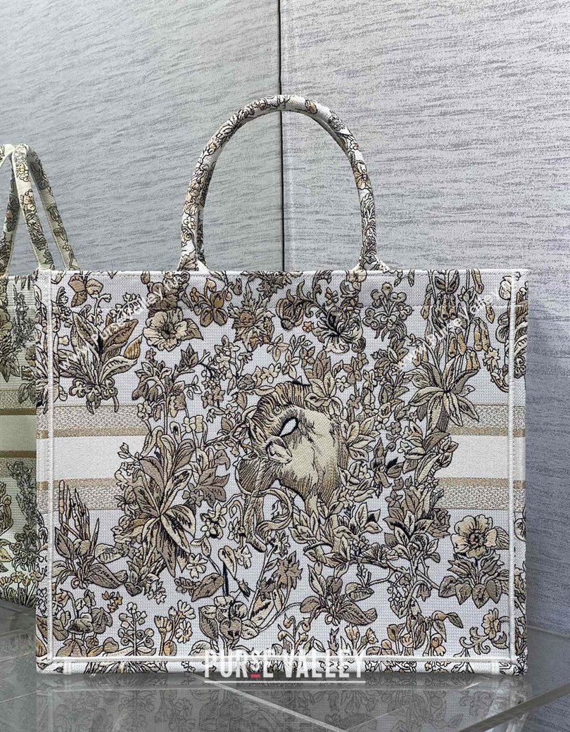 Dior Large Book Tote Bag in Latte White Embroidery with Gold-Tone Millefiori Unicorn Motif 2025 (XXG-250208003)