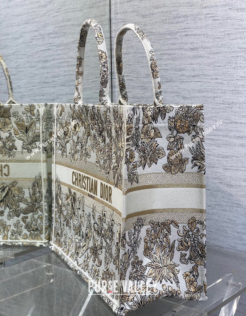 Dior Large Book Tote Bag in Latte White Embroidery with Gold-Tone Millefiori Unicorn Motif 2025 (XXG-250208003)