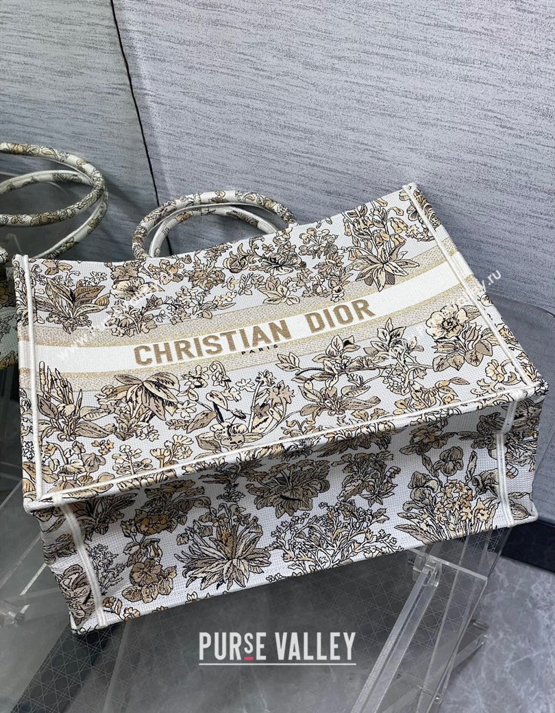 Dior Large Book Tote Bag in Latte White Embroidery with Gold-Tone Millefiori Unicorn Motif 2025 (XXG-250208003)