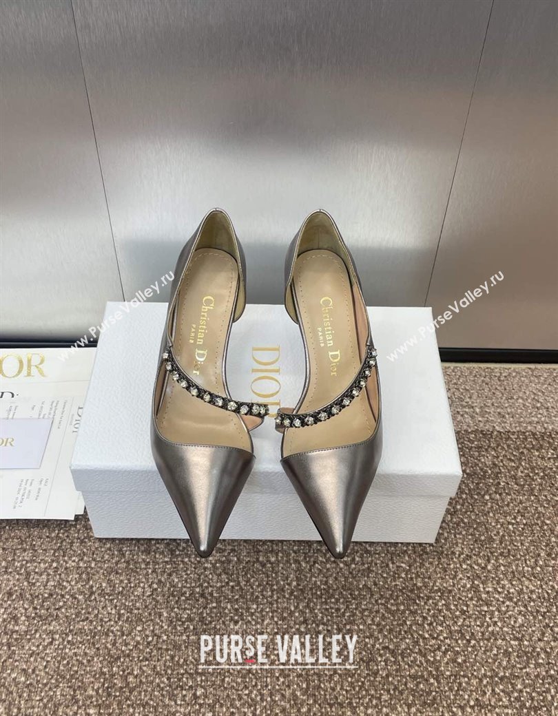 Dior Metallic Leather Pumps 7cm with Strass Strap Grey 2025 0220 (JC-250220050)