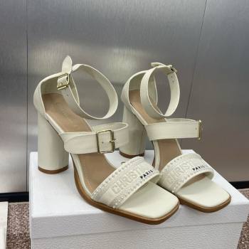 Dior Dway Heeled Sandals 9.5cm in White Calfskin and Embroidered Cotton with Pearls 2025 (JC-250220065)