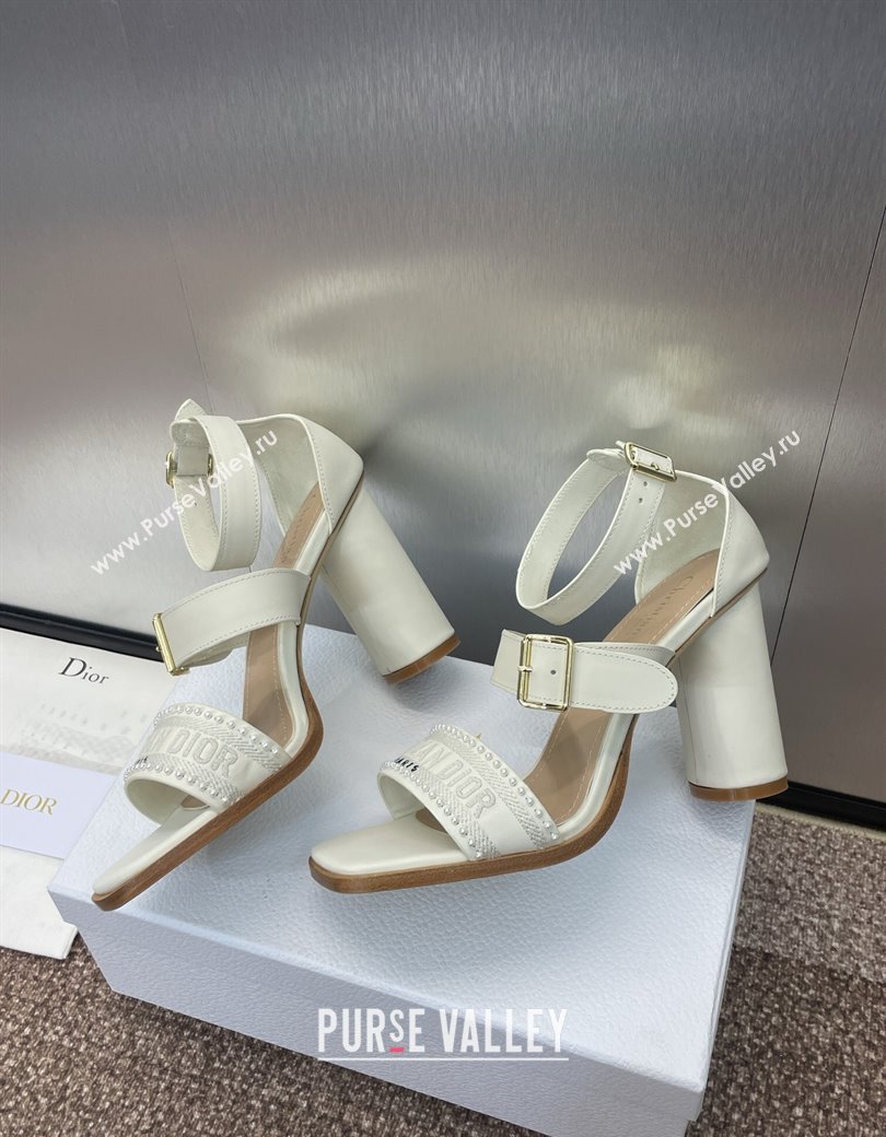 Dior Dway Heeled Sandals 9.5cm in White Calfskin and Embroidered Cotton with Pearls 2025 (JC-250220065)